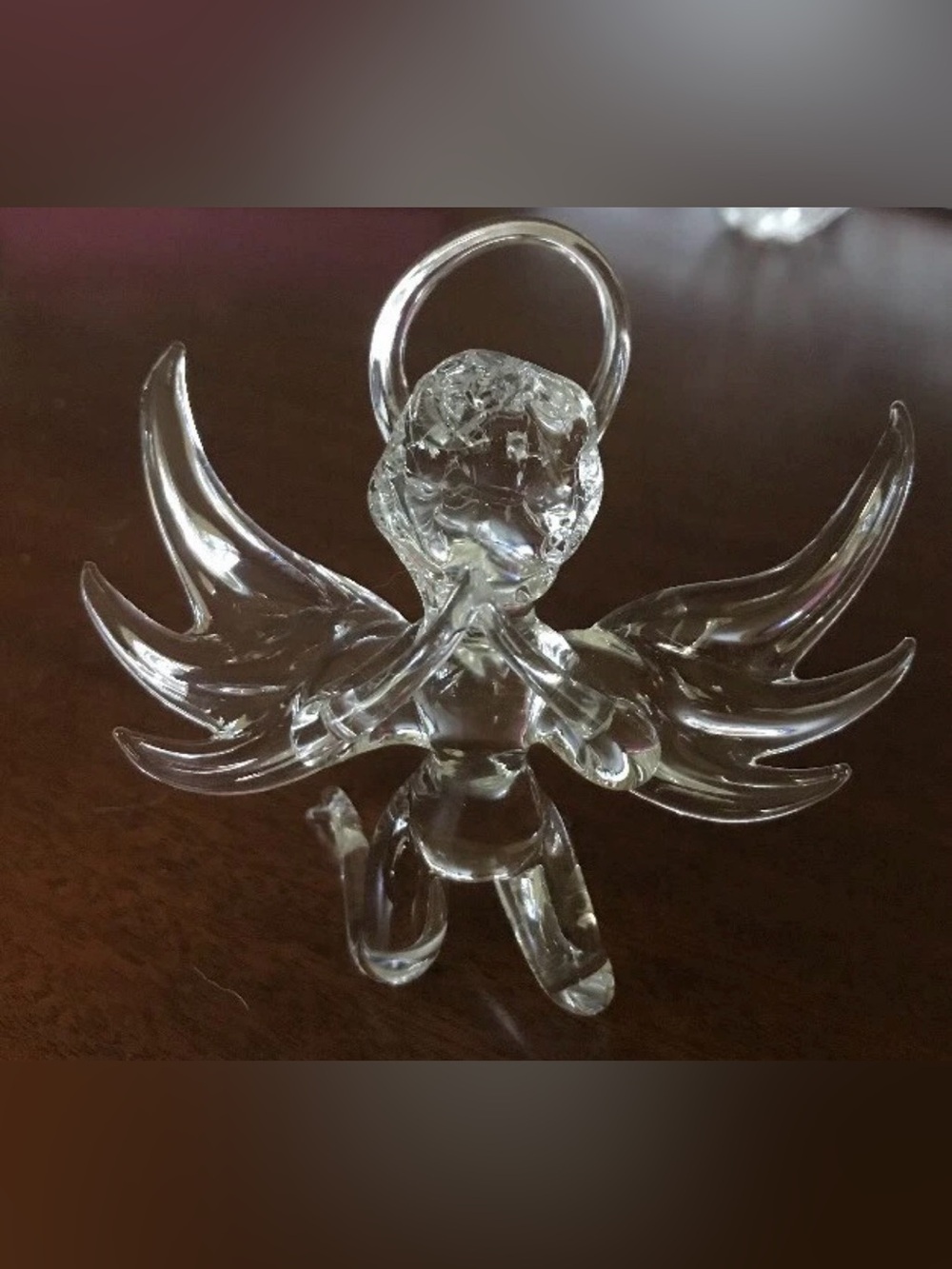 Vintage Hand-Blown Clear Spun Glass Kneeling Praying Angel Christmas Ornament